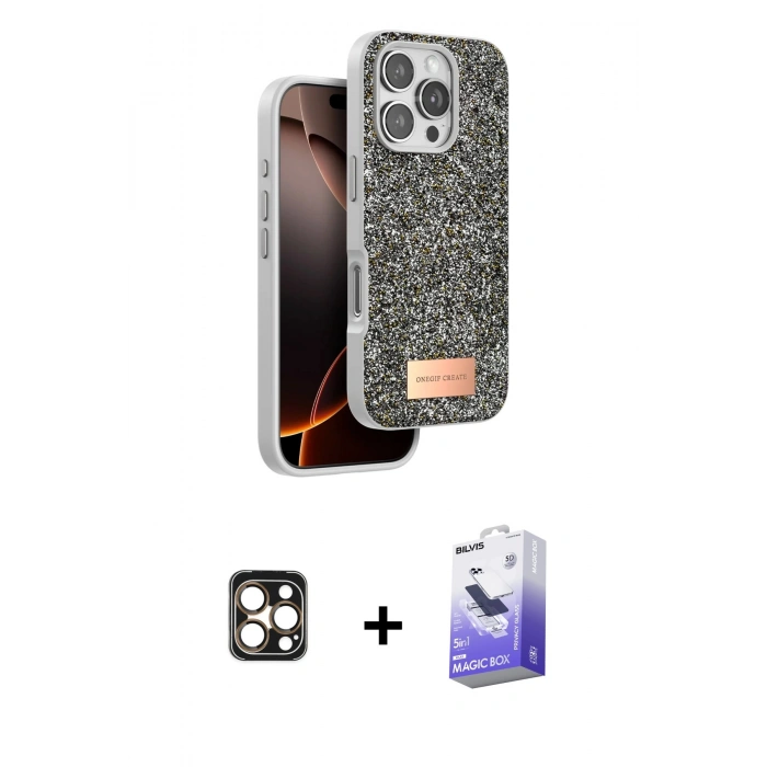 MARSİLYAN™- iPhone 16 Pro Max Kılıf Vadi Klasik Serisi - Siyah Bilvis 5in1 5D Magic Hayalet Cam Ekran Koruyucu + PVD Metal Kamera Lens - GD