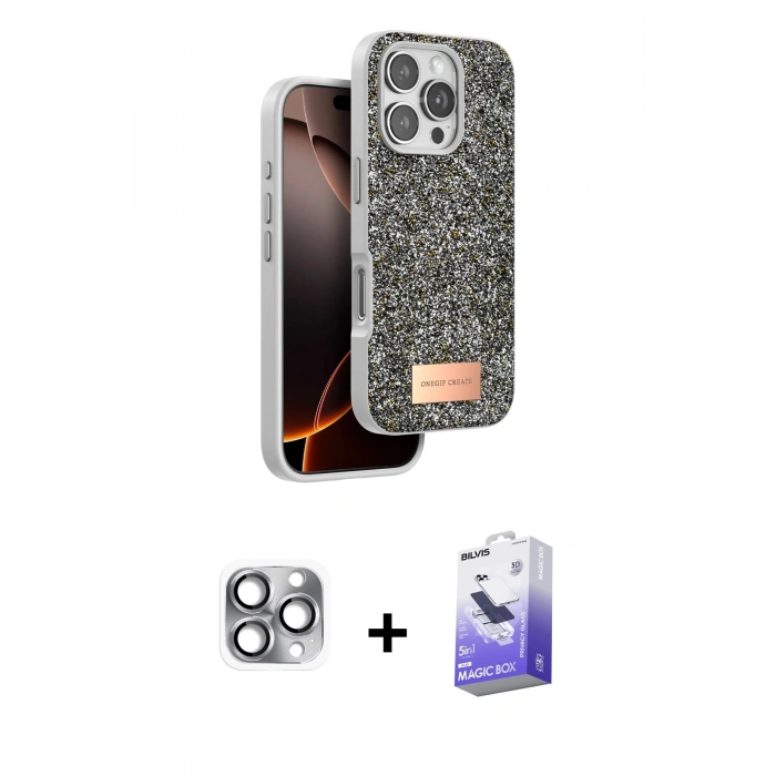 MARSİLYAN™- iPhone 16 Pro Max Kılıf Vadi Klasik Serisi - Siyah Bilvis 5in1 5D Magic Hayalet Cam Ekran Koruyucu + Pers Alüminyum Kamera Lens - GI