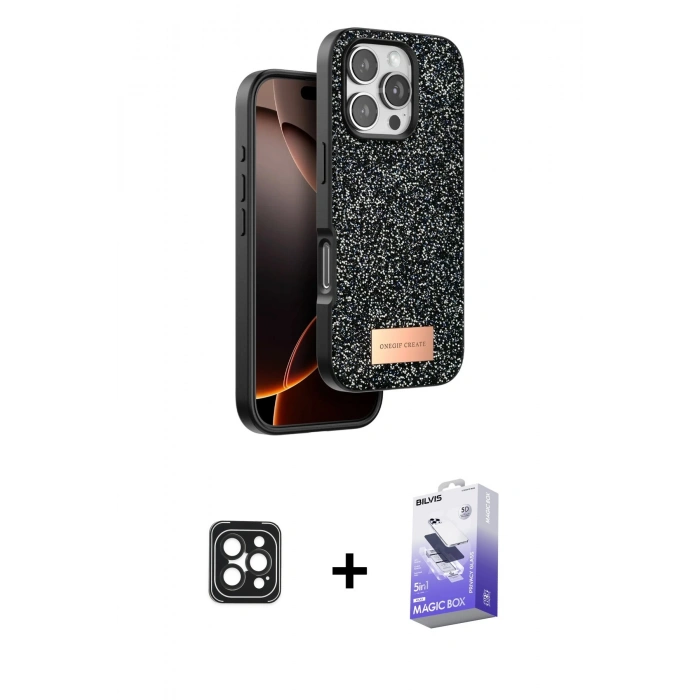 MARSİLYAN™- iPhone 16 Pro Max Kılıf Vadi Klasik Serisi - Siyah Bilvis 5in1 5D Magic Hayalet Cam Ekran Koruyucu + PVD Metal Kamera Lens - SH