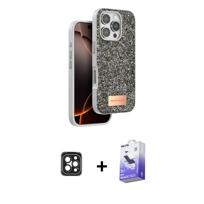 MARSİLYAN™- iPhone 16 Pro Max Kılıf Vadi Klasik Serisi - Siyah Bilvis 5in1 5D Magic Hayalet Cam Ekran Koruyucu + PVD Metal Kamera Lens - SH