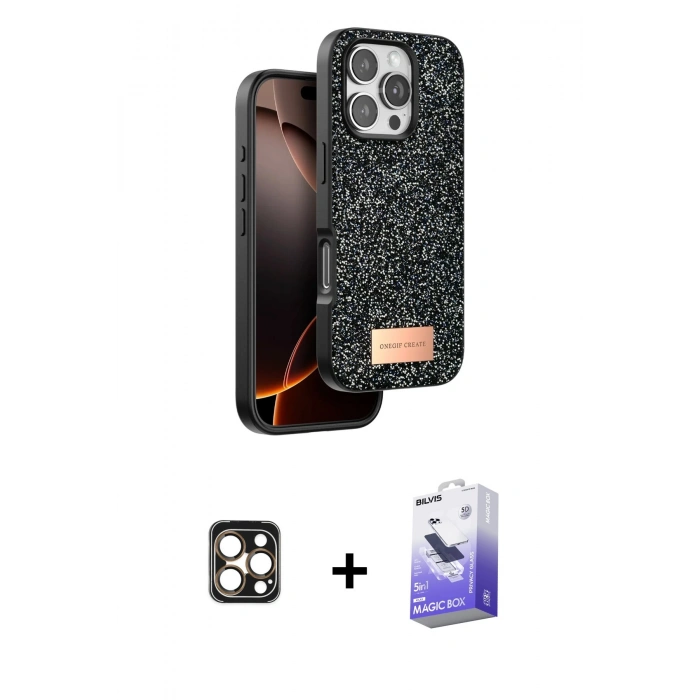 MARSİLYAN™- iPhone 16 Pro Max Kılıf Vadi Klasik Serisi - Siyah Bilvis 5in1 5D Magic Hayalet Cam Ekran Koruyucu + PVD Metal Kamera Lens - GD