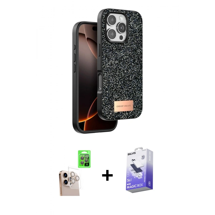 MARSİLYAN™- iPhone 16 Pro Max Kılıf Vadi Klasik Serisi - Siyah Bilvis 5in1 5D Magic Hayalet Cam Ekran Koruyucu + Raze Metal Kamera Lens - NLGY