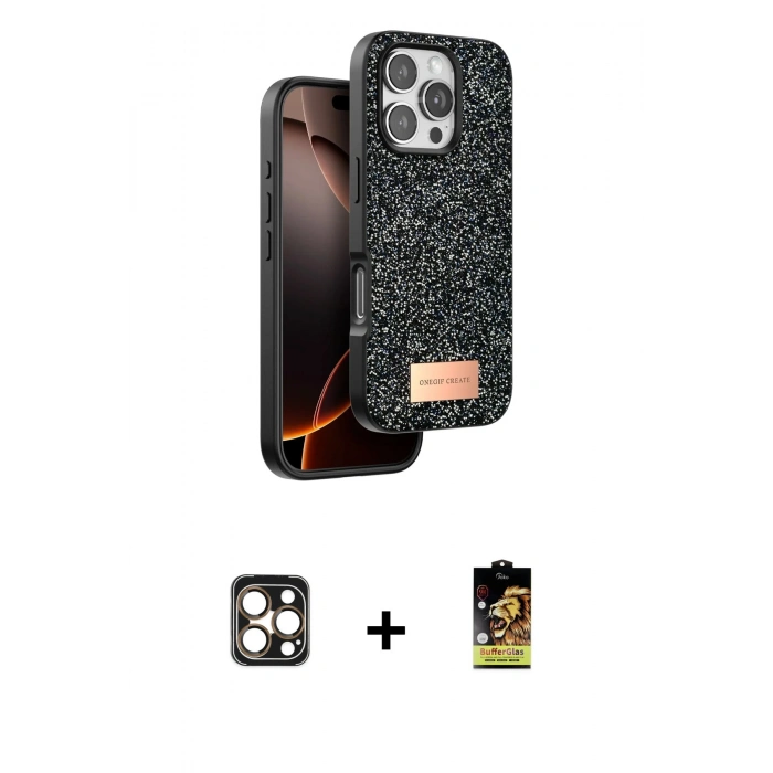 MARSİLYAN™- iPhone 16 Pro Max Kılıf Vadi Klasik Serisi - Siyah Buffer Cam Ekran Koruyucu + Gold PVD Metal Kamera Lens