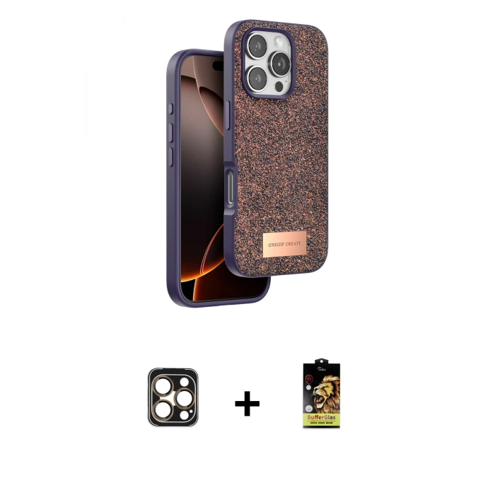 MARSİLYAN™- iPhone 16 Pro Max Kılıf Vadi Klasik Serisi - Siyah Buffer Cam Ekran Koruyucu + Gold PVD Metal Kamera Lens