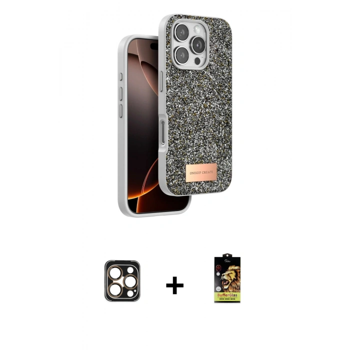 MARSİLYAN™- iPhone 16 Pro Max Kılıf Vadi Klasik Serisi - Siyah Buffer Cam Ekran Koruyucu + Gold PVD Metal Kamera Lens