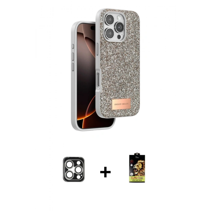 MARSİLYAN™- iPhone 16 Pro Max Kılıf Vadi Klasik Serisi - Siyah Buffer Cam Ekran Koruyucu + Gümüş PVD Metal Kamera Lens