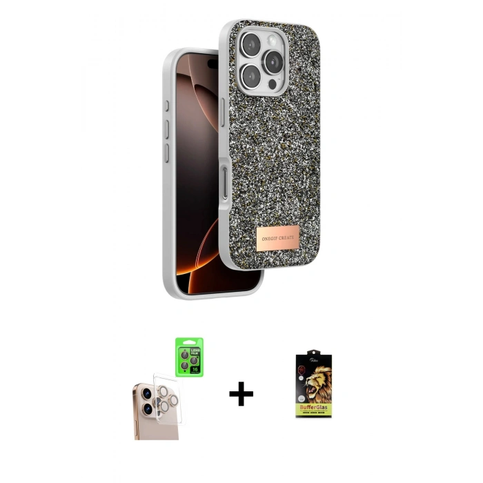 MARSİLYAN™- iPhone 16 Pro Max Kılıf Vadi Klasik Serisi - Siyah Buffer Cam Ekran Koruyucu + Raze Metal Kamera Lens - NLGY