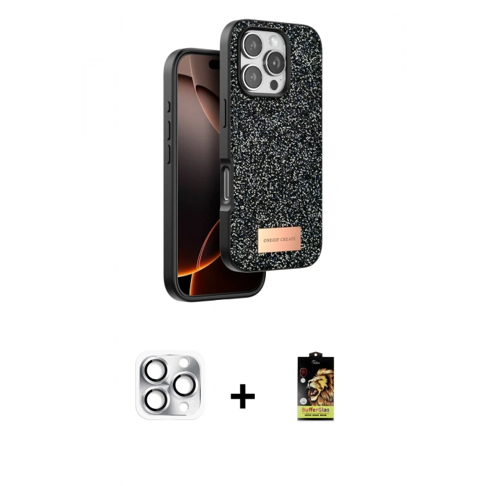 MARSİLYAN™- iPhone 16 Pro Max Kılıf Vadi Klasik Serisi - Siyah Buffer Cam Ekran Koruyucu + Pers Alüminyum Kamera Lens - GS