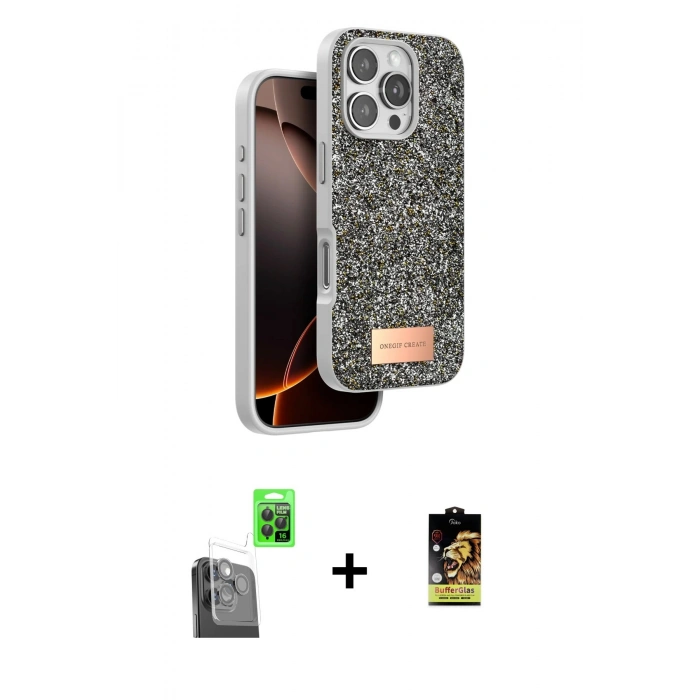 MARSİLYAN™- iPhone 16 Pro Max Kılıf Vadi Klasik Serisi - Siyah Buffer Cam Ekran Koruyucu + Raze Metal Kamera Lens - SH
