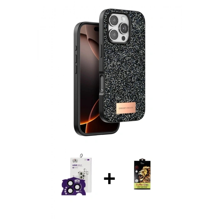 MARSİLYAN™- iPhone 16 Pro Max Kılıf Vadi Klasik Serisi - Siyah Buffer Cam Ekran Koruyucu + Siyah Bilvis Titan Kamera Lens
