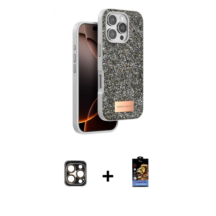 MARSİLYAN™- iPhone 16 Pro Max Kılıf Vadi Klasik Serisi - Siyah Buffer Hayalet Cam Ekran Koruyucu + Gold PVD Metal Kamera Lens