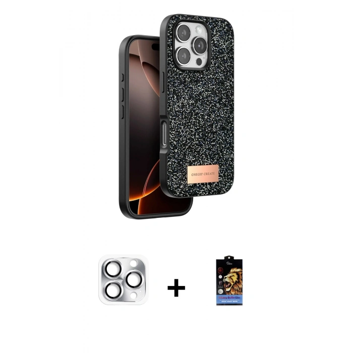 MARSİLYAN™- iPhone 16 Pro Max Kılıf Vadi Klasik Serisi - Siyah Buffer Hayalet Cam Ekran Koruyucu + Gümüş Pers Alüminyum Kamera Lens