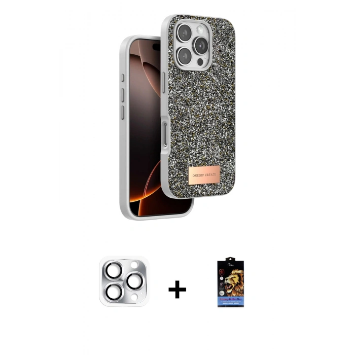 MARSİLYAN™- iPhone 16 Pro Max Kılıf Vadi Klasik Serisi - Siyah Buffer Hayalet Cam Ekran Koruyucu + Gümüş Pers Alüminyum Kamera Lens