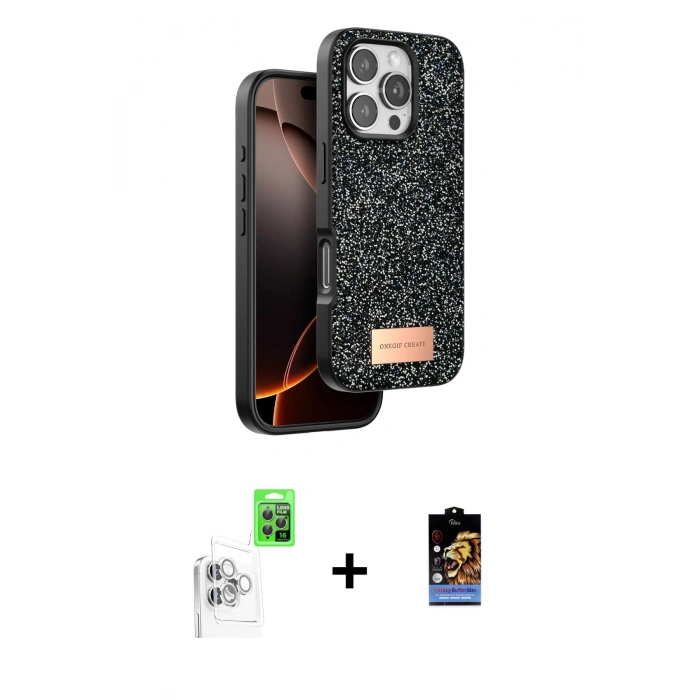 MARSİLYAN™- iPhone 16 Pro Max Kılıf Vadi Klasik Serisi - Siyah Buffer Hayalet Cam Ekran Koruyucu + Raze Metal Kamera Lens - BZ
