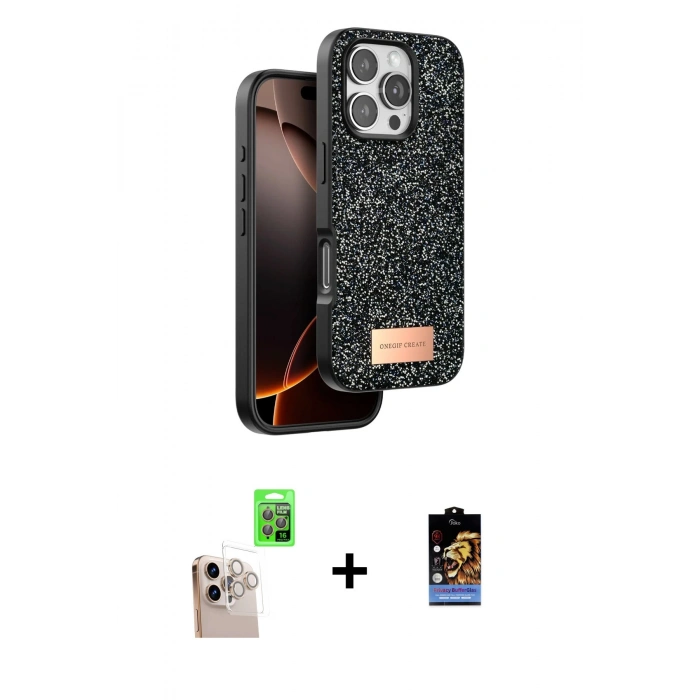MARSİLYAN™- iPhone 16 Pro Max Kılıf Vadi Klasik Serisi - Siyah Buffer Hayalet Cam Ekran Koruyucu + Raze Metal Kamera Lens - NLGY