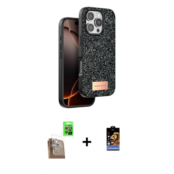 MARSİLYAN™- iPhone 16 Pro Max Kılıf Vadi Klasik Serisi - Siyah Buffer Hayalet Cam Ekran Koruyucu + Raze Metal Kamera Lens - CLTM