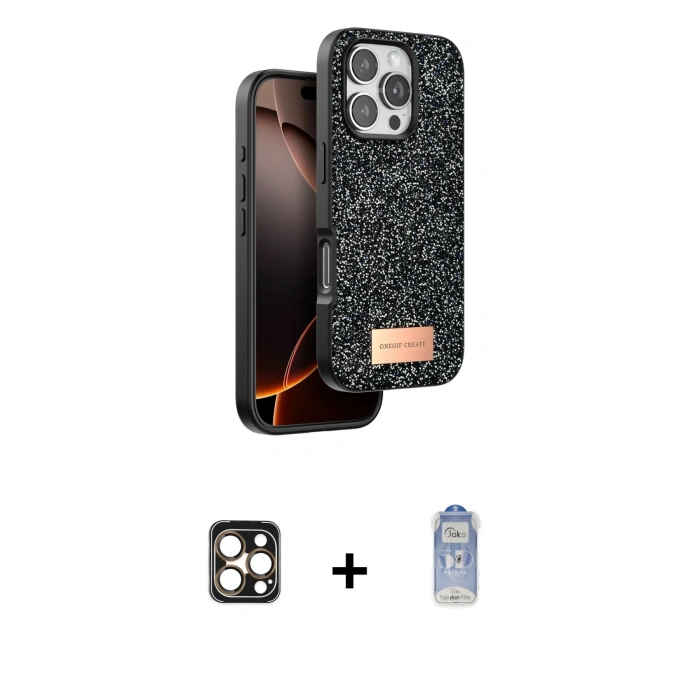 MARSİLYAN™- iPhone 16 Pro Max Kılıf Vadi Klasik Serisi - Siyah Joko Magic 5D Cam + PVD Metal Kamera Lens - GD
