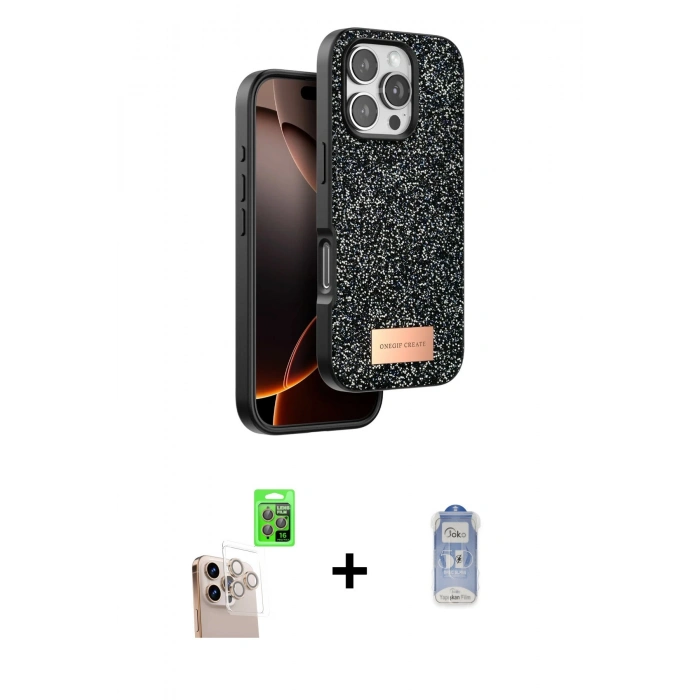 MARSİLYAN™- iPhone 16 Pro Max Kılıf Vadi Klasik Serisi - Siyah Joko Magic 5D Cam + Raze Metal Kamera Lens - NLGY
