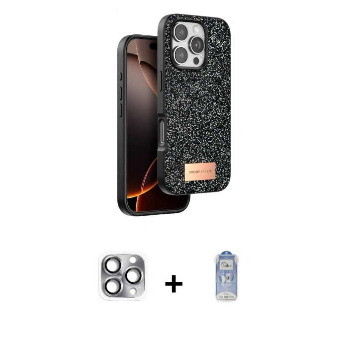 MARSİLYAN™- iPhone 16 Pro Max Kılıf Vadi Klasik Serisi - Siyah Joko Magic 5D Cam + Pers Alüminyum Kamera Lens - GI