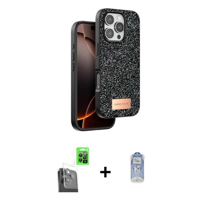 MARSİLYAN™- iPhone 16 Pro Max Kılıf Vadi Klasik Serisi - Siyah Joko Magic 5D Cam + Raze Metal Kamera Lens - SH