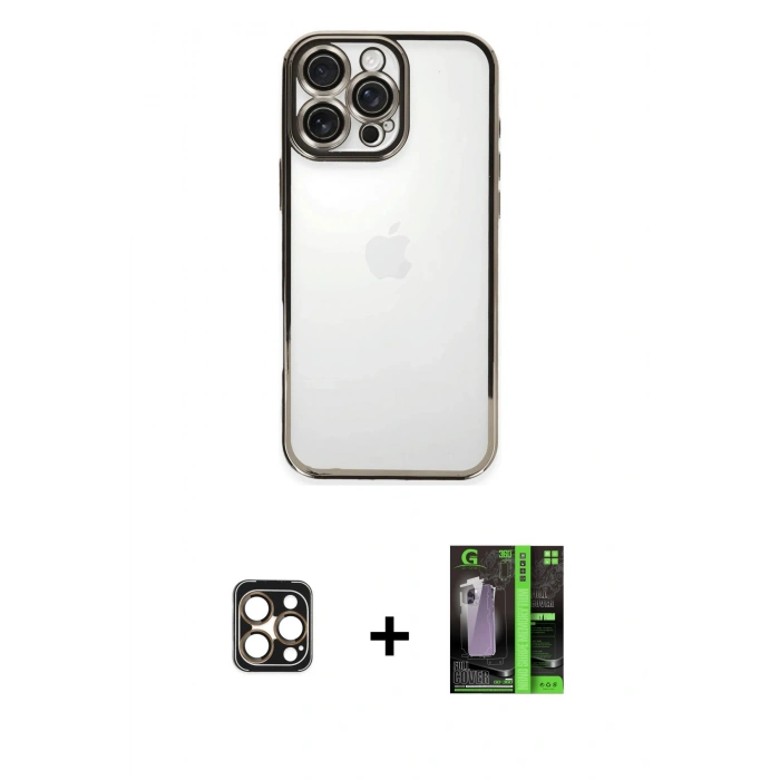 MARSİLYAN™- iPhone 16 Pro Max Kılıf Vadi Minimal - Şeffaf 360 Full Body Arka Koruyucu + PVD Metal Kamera Lens - GD