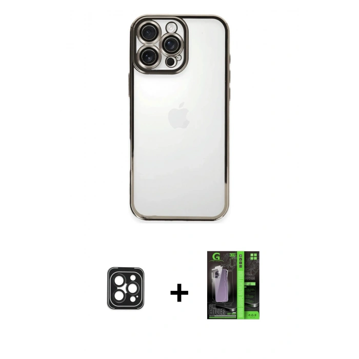 MARSİLYAN™- iPhone 16 Pro Max Kılıf Vadi Minimal - Şeffaf 360 Full Body Arka Koruyucu + PVD Metal Kamera Lens - SH