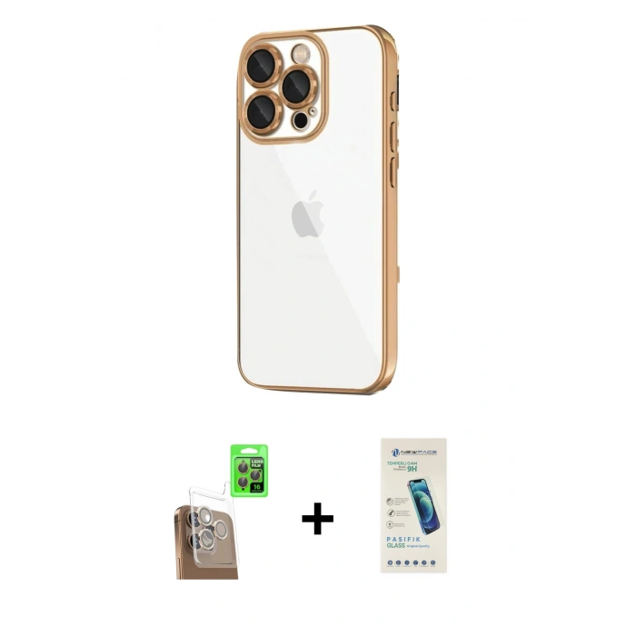 MARSİLYAN™- iPhone 16 Pro Max Kılıf Vadi Minimal - Şeffaf Pasifik Cam Ekran Koruyucu + Çöl Titanyum Raze Metal Kamera Lens