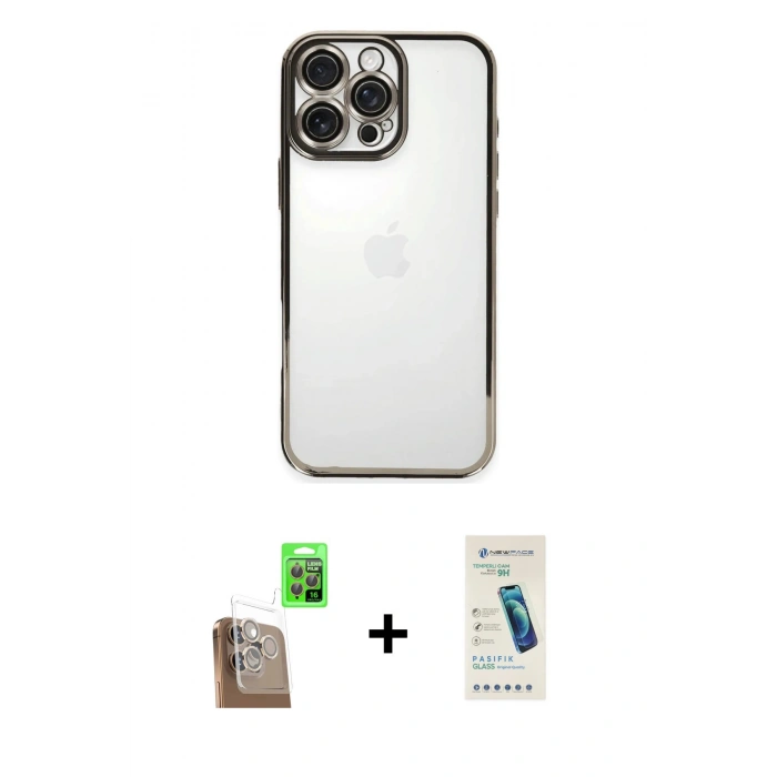 MARSİLYAN™- iPhone 16 Pro Max Kılıf Vadi Minimal - Şeffaf Pasifik Cam Ekran Koruyucu + Çöl Titanyum Raze Metal Kamera Lens