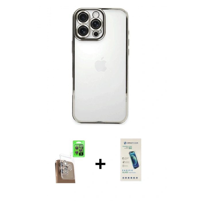 MARSİLYAN™- iPhone 16 Pro Max Kılıf Vadi Minimal - Şeffaf Pasifik Cam Ekran Koruyucu + Çöl Titanyum Raze Metal Kamera Lens