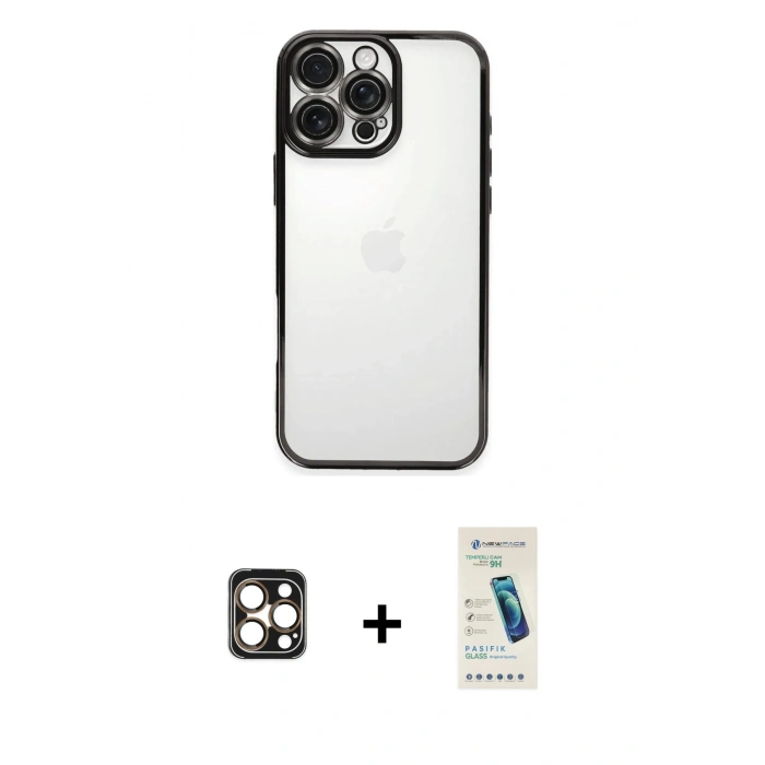 MARSİLYAN™- iPhone 16 Pro Max Kılıf Vadi Minimal - Şeffaf Pasifik Cam Ekran Koruyucu + PVD Metal Kamera Lens - GD