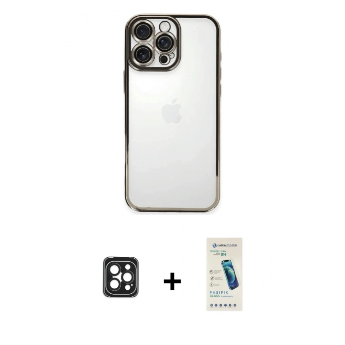 MARSİLYAN™- iPhone 16 Pro Max Kılıf Vadi Minimal - Şeffaf Pasifik Cam Ekran Koruyucu + PVD Metal Kamera Lens - SH