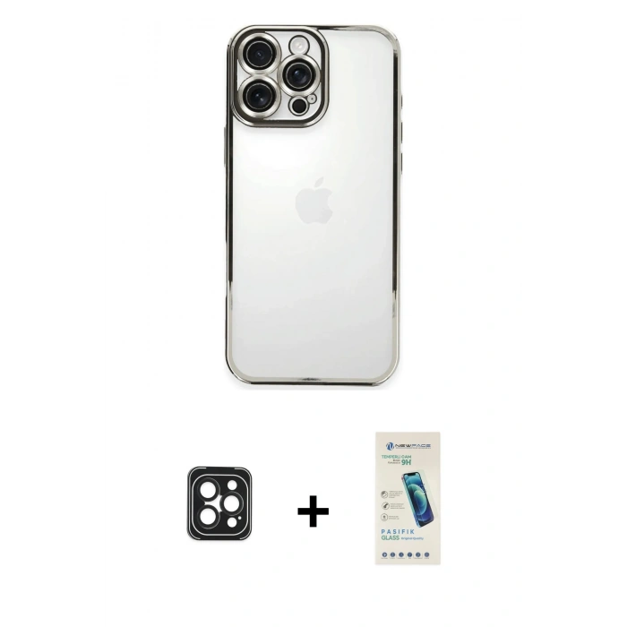 MARSİLYAN™- iPhone 16 Pro Max Kılıf Vadi Minimal - Şeffaf Pasifik Cam Ekran Koruyucu + PVD Metal Kamera Lens - SH
