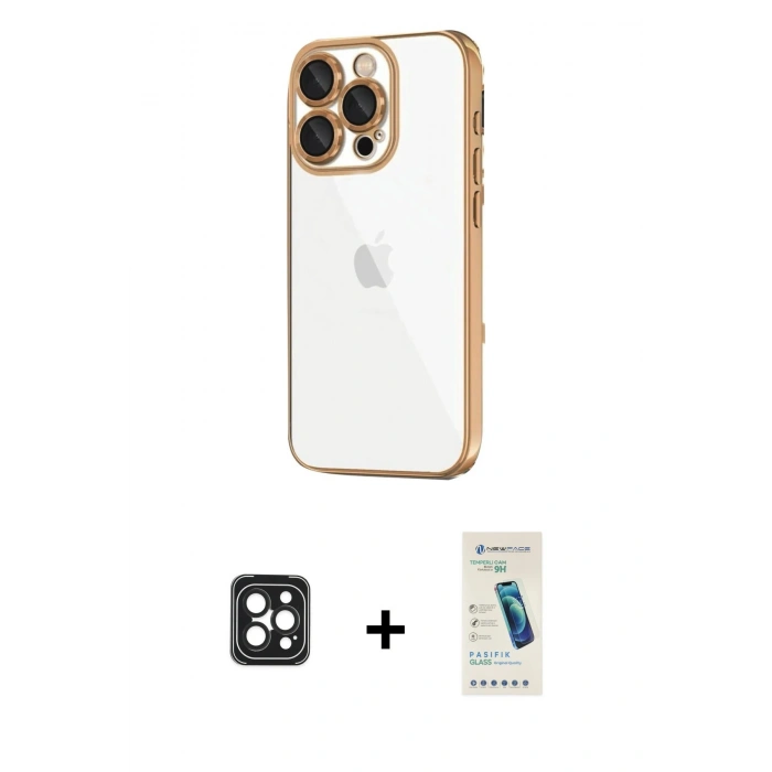 MARSİLYAN™- iPhone 16 Pro Max Kılıf Vadi Minimal - Şeffaf Pasifik Cam Ekran Koruyucu + PVD Metal Kamera Lens - SH