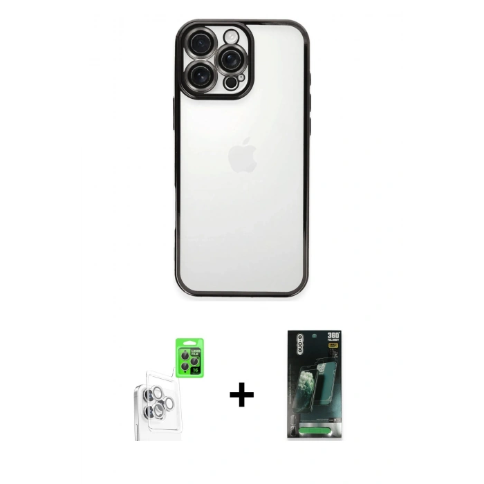 MARSİLYAN™- iPhone 16 Pro Max Kılıf Vadi Minimal - Siyah 360 Mat Full Body Arka Koruyucu + Beyaz Raze Metal Kamera Lens