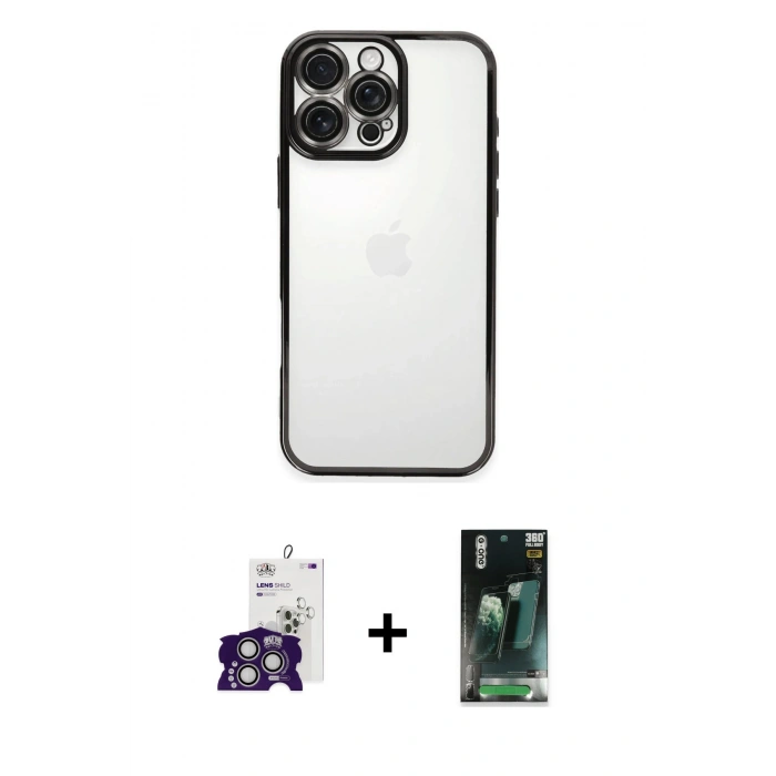 MARSİLYAN™- iPhone 16 Pro Max Kılıf Vadi Minimal - Siyah 360 Mat Full Body Arka Koruyucu + Gümüş Bilvis Titan Kamera Lens