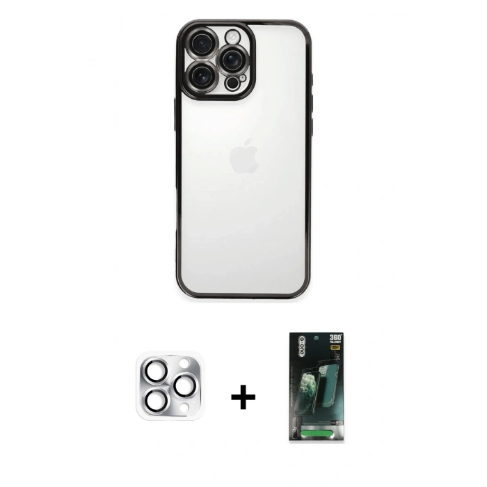 MARSİLYAN™- iPhone 16 Pro Max Kılıf Vadi Minimal - Siyah 360 Mat Full Body Arka Koruyucu + Gümüş Pers Alüminyum Kamera Lens