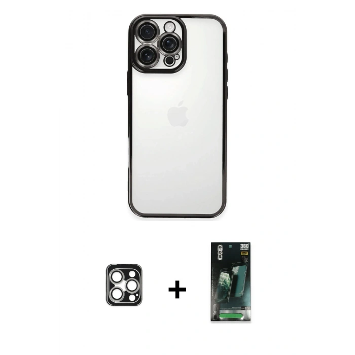 MARSİLYAN™- iPhone 16 Pro Max Kılıf Vadi Minimal - Siyah 360 Mat Full Body Arka Koruyucu + PVD Metal Kamera Lens - GS