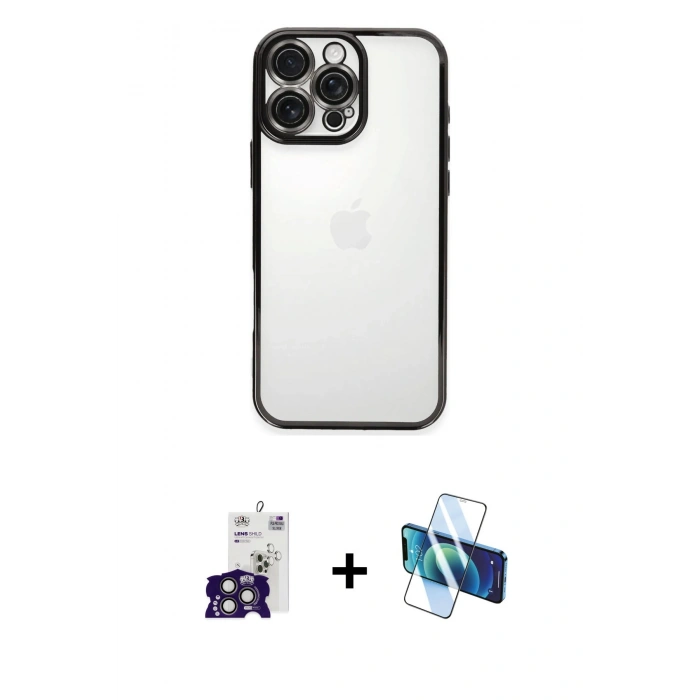 MARSİLYAN™- iPhone 16 Pro Max Kılıf Vadi Minimal - Siyah 3D Antistatik Cam Ekran Koruyucu + Bilvis Titan Kamera Lens - TMGI