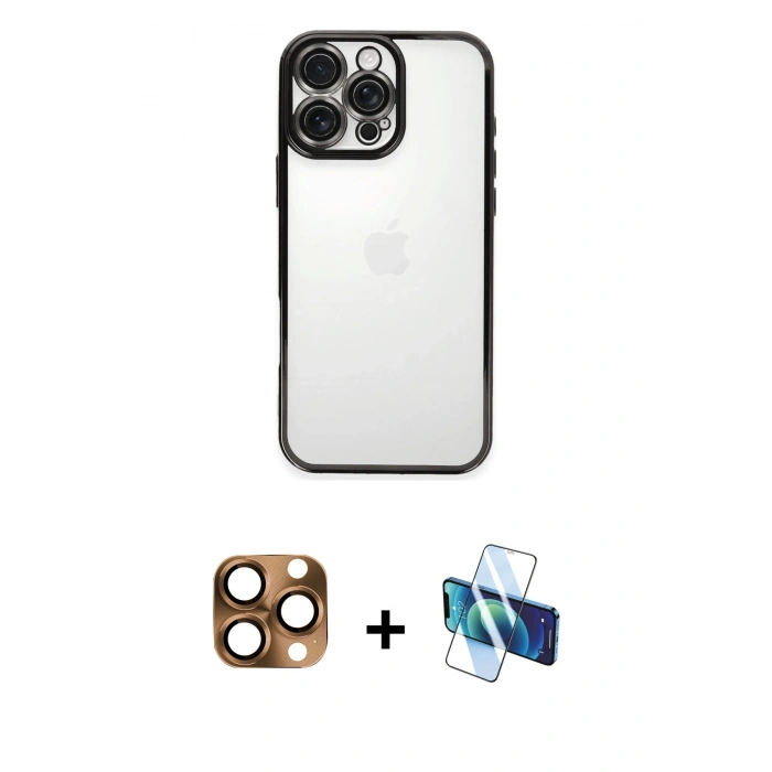 MARSİLYAN™- iPhone 16 Pro Max Kılıf Vadi Minimal - Siyah 3D Antistatik Cam Ekran Koruyucu + Pers Alüminyum Kamera Lens - CLTM