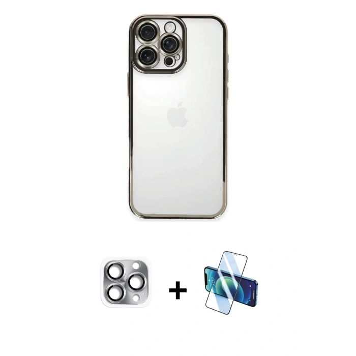 MARSİLYAN™- iPhone 16 Pro Max Kılıf Vadi Minimal - Siyah 3D Antistatik Cam Ekran Koruyucu + Pers Alüminyum Kamera Lens - GI