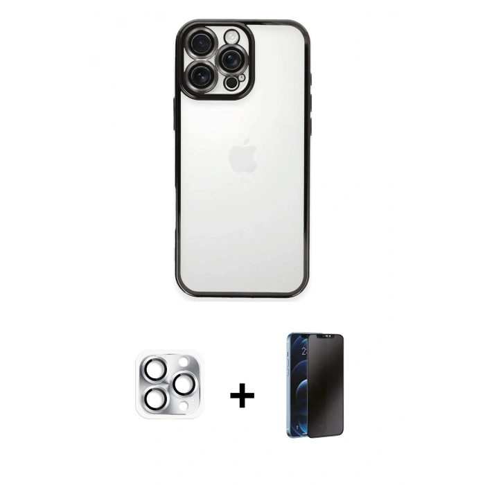 MARSİLYAN™- iPhone 16 Pro Max Kılıf Vadi Minimal - Siyah 3D Antistatik Hayalet Cam Ekran Koruyucu + Pers Alüminyum Kamera Lens - GS
