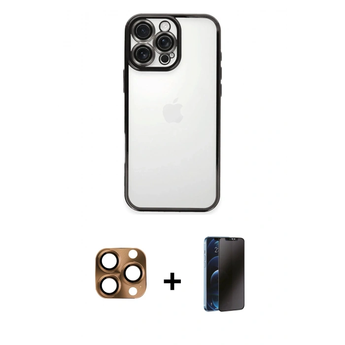 MARSİLYAN™- iPhone 16 Pro Max Kılıf Vadi Minimal - Siyah 3D Antistatik Hayalet Cam Ekran Koruyucu + Pers Alüminyum Kamera Lens - CLTM