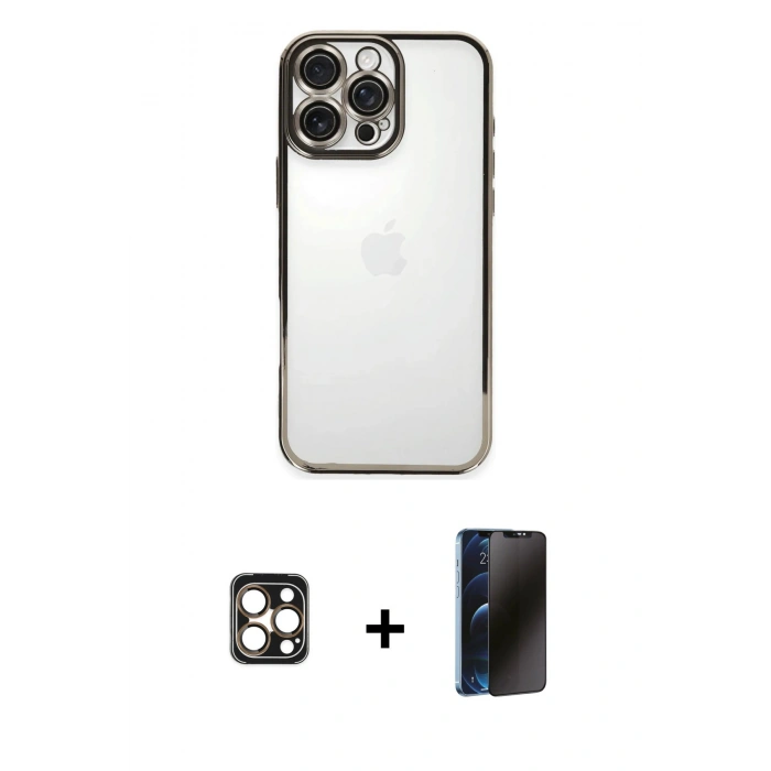 MARSİLYAN™- iPhone 16 Pro Max Kılıf Vadi Minimal - Siyah 3D Antistatik Hayalet Cam Ekran Koruyucu + PVD Metal Kamera Lens - GD