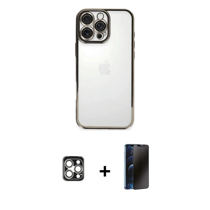 MARSİLYAN™- iPhone 16 Pro Max Kılıf Vadi Minimal - Siyah 3D Antistatik Hayalet Cam Ekran Koruyucu + PVD Metal Kamera Lens - GS
