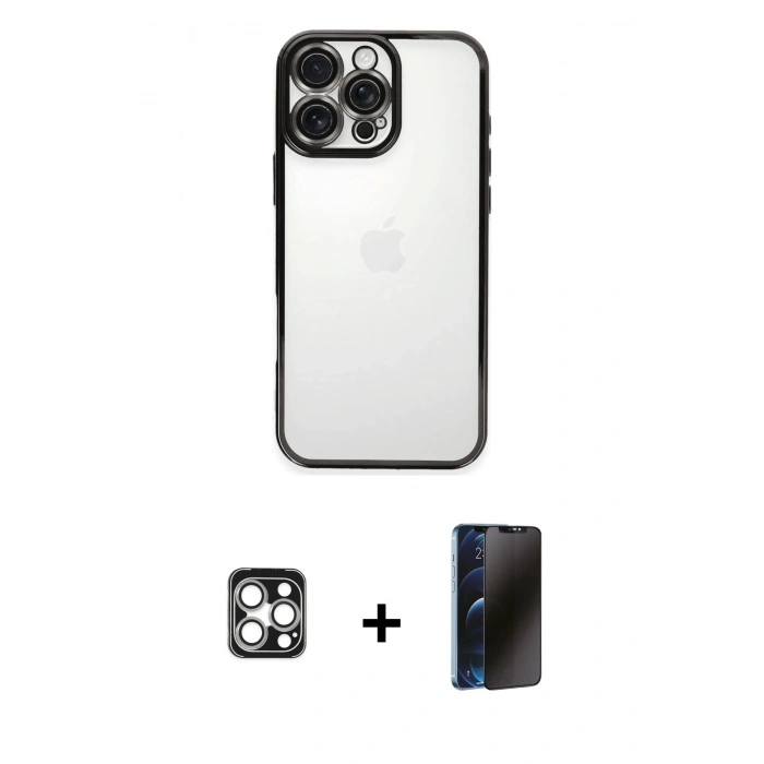 MARSİLYAN™- iPhone 16 Pro Max Kılıf Vadi Minimal - Siyah 3D Antistatik Hayalet Cam Ekran Koruyucu + PVD Metal Kamera Lens - GS