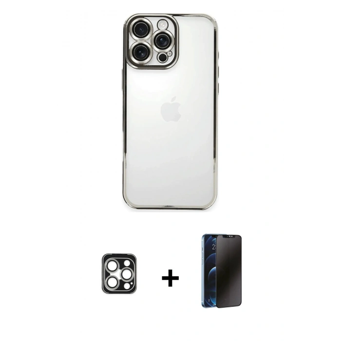 MARSİLYAN™- iPhone 16 Pro Max Kılıf Vadi Minimal - Siyah 3D Antistatik Hayalet Cam Ekran Koruyucu + PVD Metal Kamera Lens - GS