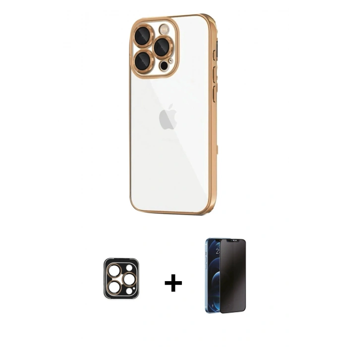MARSİLYAN™- iPhone 16 Pro Max Kılıf Vadi Minimal - Siyah 3D Antistatik Hayalet Cam Ekran Koruyucu + PVD Metal Kamera Lens - GD