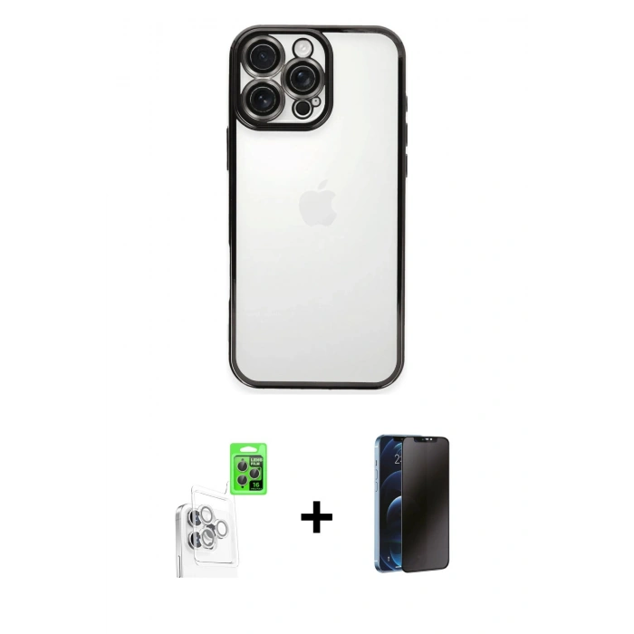 MARSİLYAN™- iPhone 16 Pro Max Kılıf Vadi Minimal - Siyah 3D Antistatik Hayalet Cam Ekran Koruyucu + Raze Metal Kamera Lens - BZ
