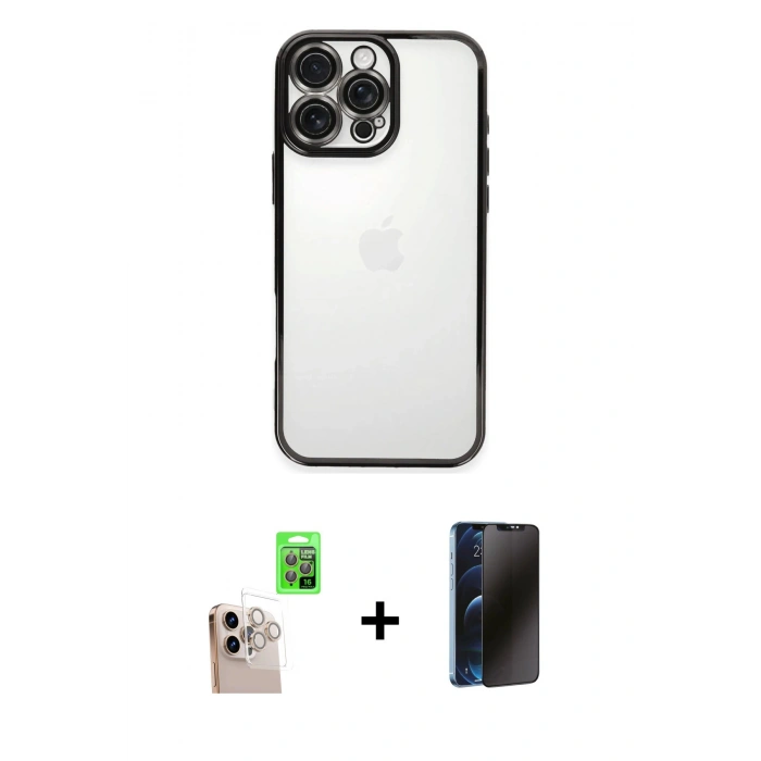 MARSİLYAN™- iPhone 16 Pro Max Kılıf Vadi Minimal - Siyah 3D Antistatik Hayalet Cam Ekran Koruyucu + Raze Metal Kamera Lens - NLGY