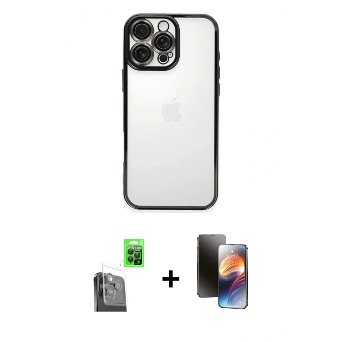 MARSİLYAN™- iPhone 16 Pro Max Kılıf Vadi Minimal - Siyah 3D Antistatik Mat Seramik Nano Ekran Koruyucu + Siyah Raze Metal Kamera Lens